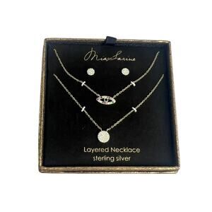 Mia Sarine Layered Necklace Sterling Silver Vermeil Evil Eye & Stud Earrings NIB